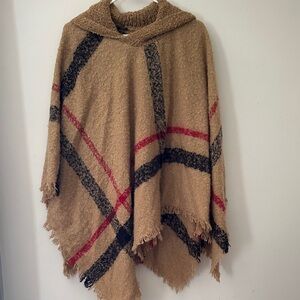Super Soft Plaid Tan Poncho with Fringe OS